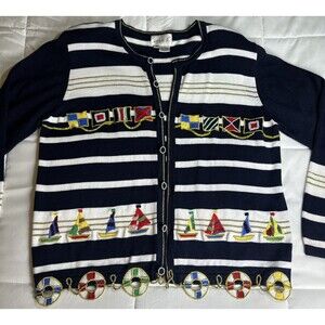 Vintage Just B Nautical Beaded Sailboat Flags Striped Cardigan Sweater Medium